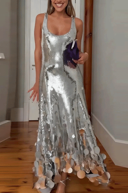 Party Tips Sequin Irregular Round Tassels Hem Back Cutout Tank Maxi Dress (Shipped Within 24 Hours)