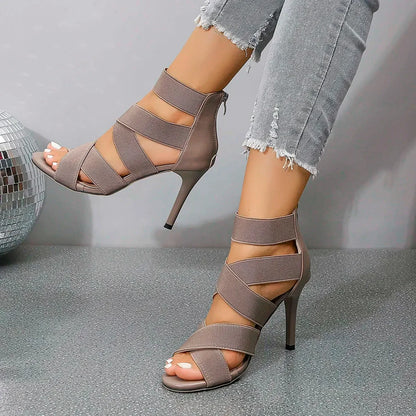 Versatile Khaki Beige Thin High Heel  Elastic Band Gladiator High Heel