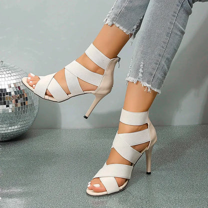 Versatile Khaki Beige Thin High Heel  Elastic Band Gladiator High Heel