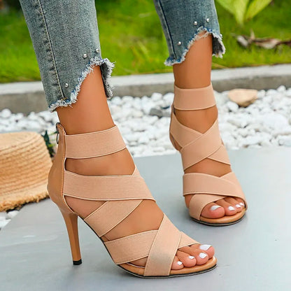 Stylish Khaki Super High Heel  Open Toes Elastic Crossover Zipper High Heel