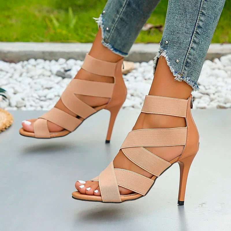 Stylish Khaki Super High Heel  Open Toes Elastic Crossover Zipper High Heel