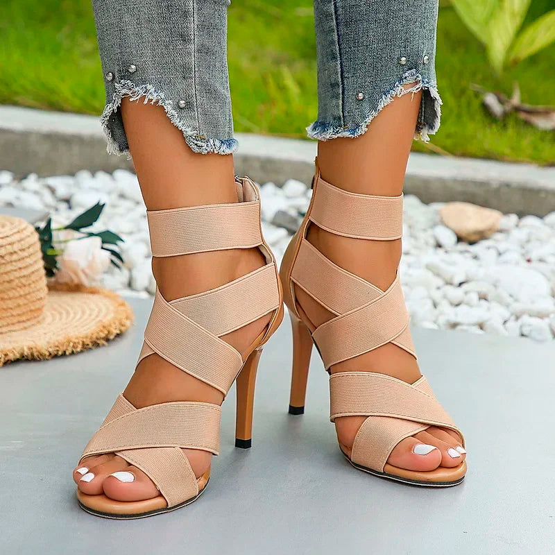 Stylish Khaki Super High Heel  Open Toes Elastic Crossover Zipper High Heel
