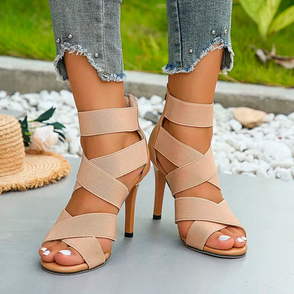 Stylish Khaki Super High Heel  Open Toes Elastic Crossover Zipper High Heel