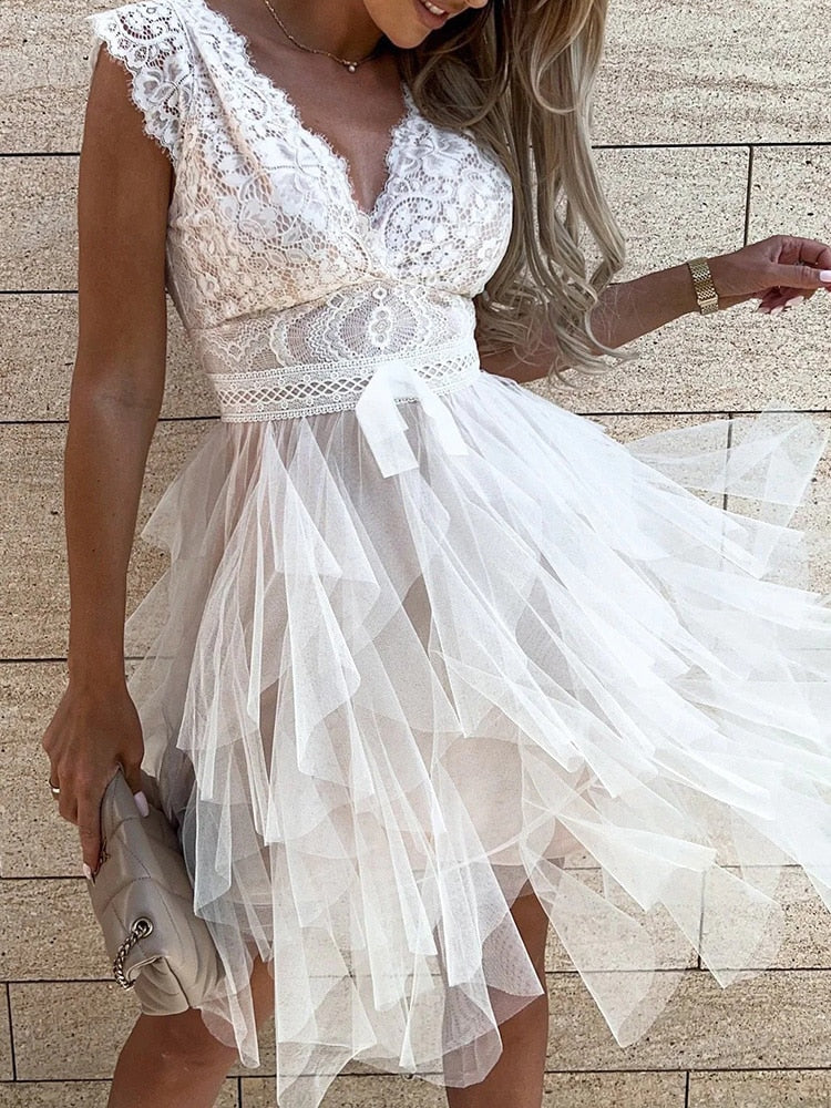 DressBetty - Lace Patchwork Asymmetrical White Dress Femme  Sleeveless Slim Fit Party
