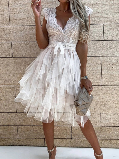 DressBetty - Lace Patchwork Asymmetrical White Dress Femme  Sleeveless Slim Fit Party