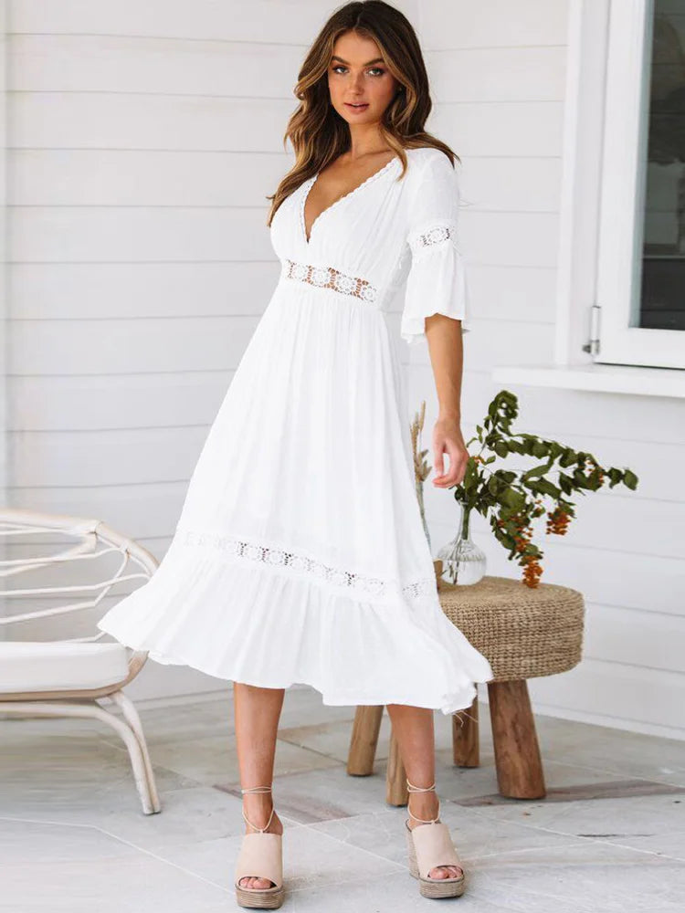DressBetty - 2024  V Neck Lace Splice Boho Midi Dress