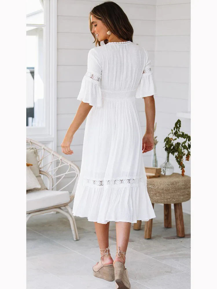 DressBetty - 2024  V Neck Lace Splice Boho Midi Dress