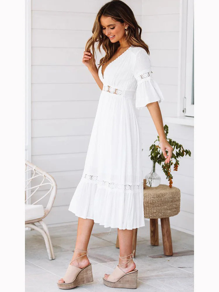 DressBetty - 2024  V Neck Lace Splice Boho Midi Dress