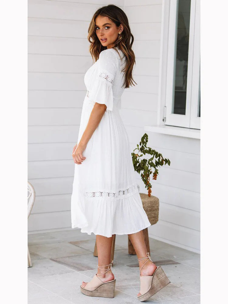 DressBetty - 2024  V Neck Lace Splice Boho Midi Dress