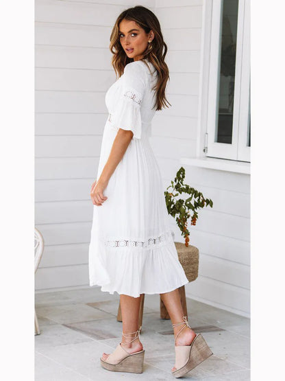 DressBetty - 2024  V Neck Lace Splice Boho Midi Dress