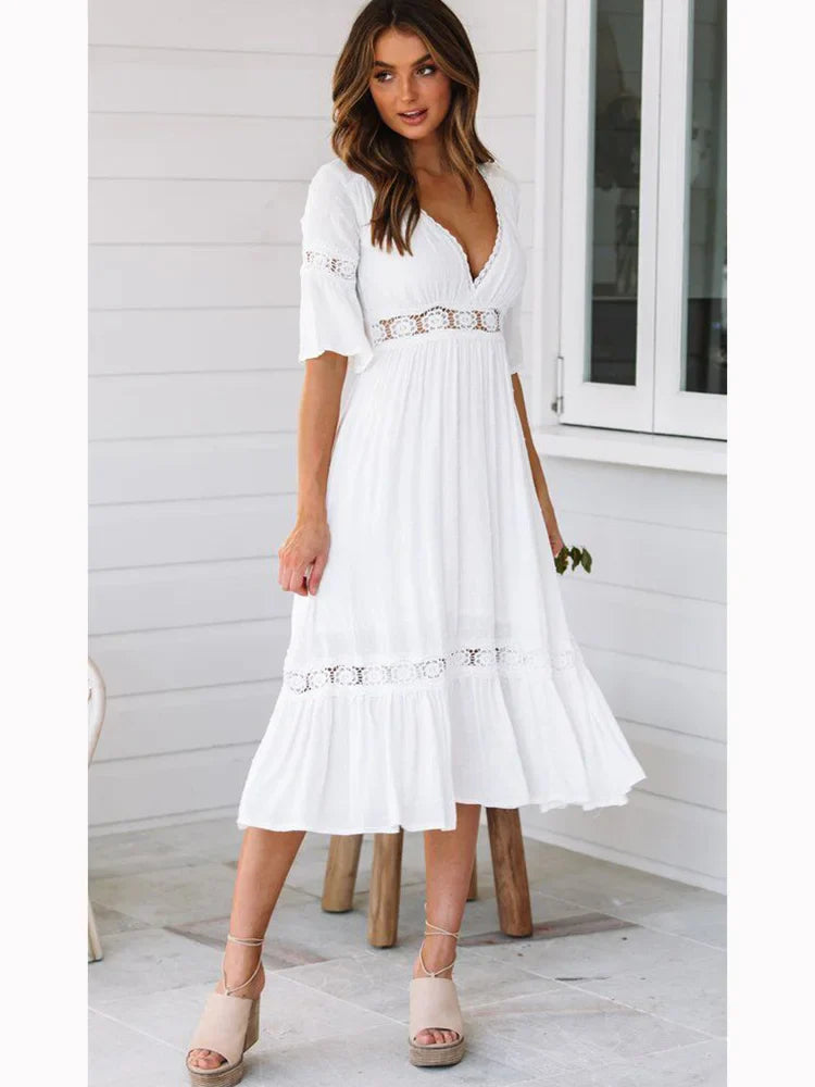 DressBetty - 2024  V Neck Lace Splice Boho Midi Dress