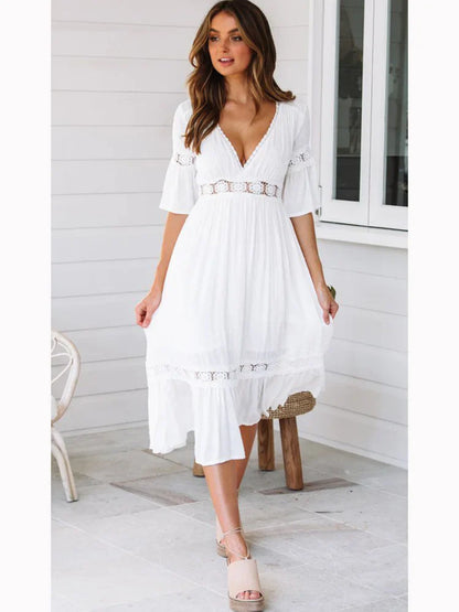 DressBetty - 2024  V Neck Lace Splice Boho Midi Dress