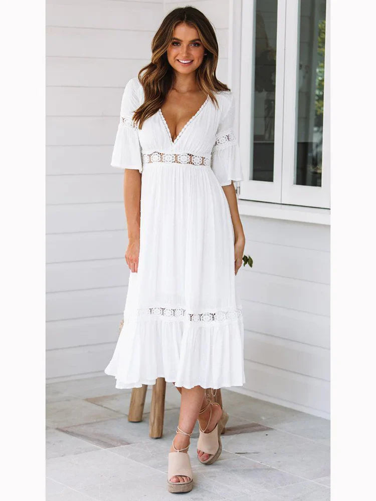 DressBetty - 2024  V Neck Lace Splice Boho Midi Dress
