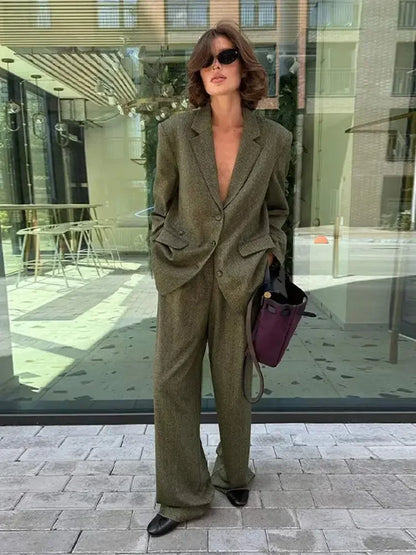 Lapel Blazer Long Sleeve Trousers Office Two Piece Set