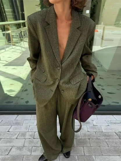 Lapel Blazer Long Sleeve Trousers Office Two Piece Set