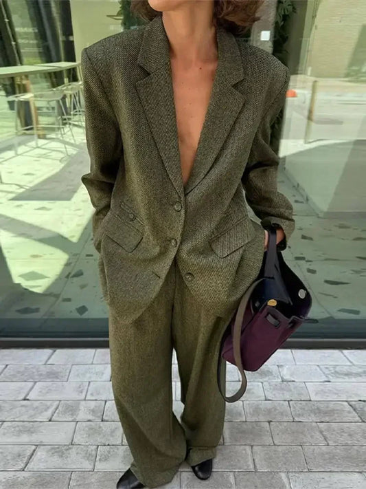 Lapel Blazer Long Sleeve Trousers Office Two Piece Set