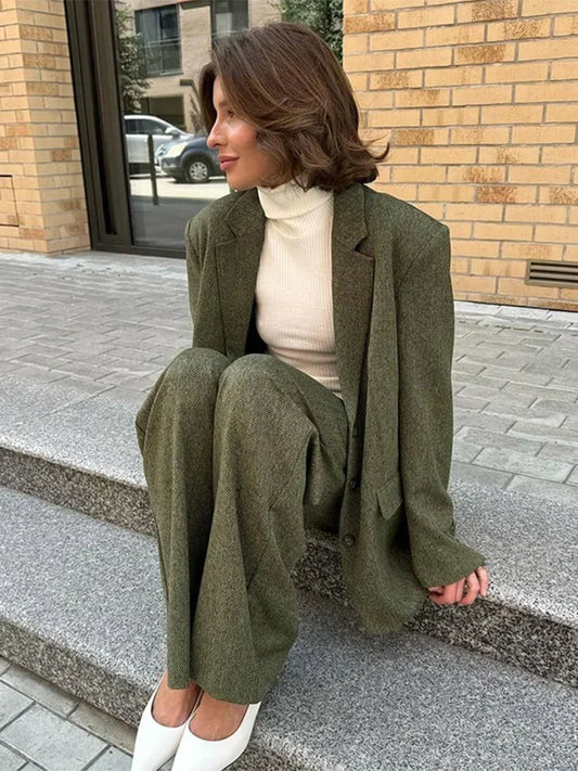 Lapel Blazer Long Sleeve Trousers Office Two Piece Set