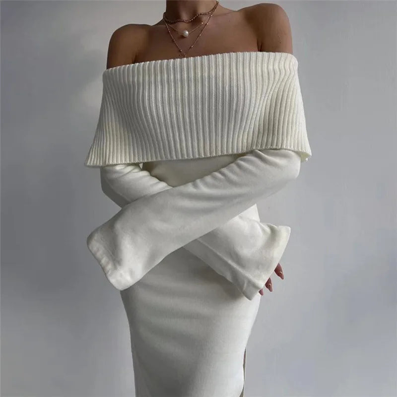 DressBetty - 2024 Off-Shoulder Lapel Neck  Long Sleeve Maxi Dress