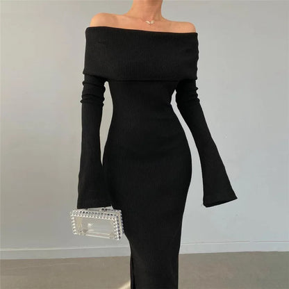 DressBetty - 2024 Off-Shoulder Lapel Neck  Long Sleeve Maxi Dress