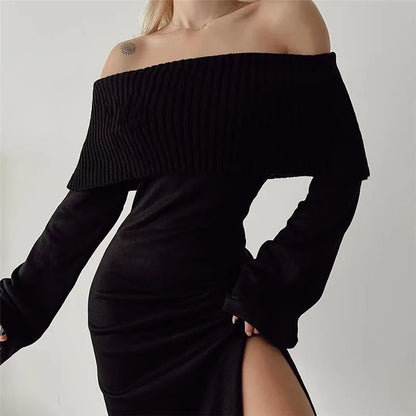 DressBetty - 2024 Off-Shoulder Lapel Neck  Long Sleeve Maxi Dress