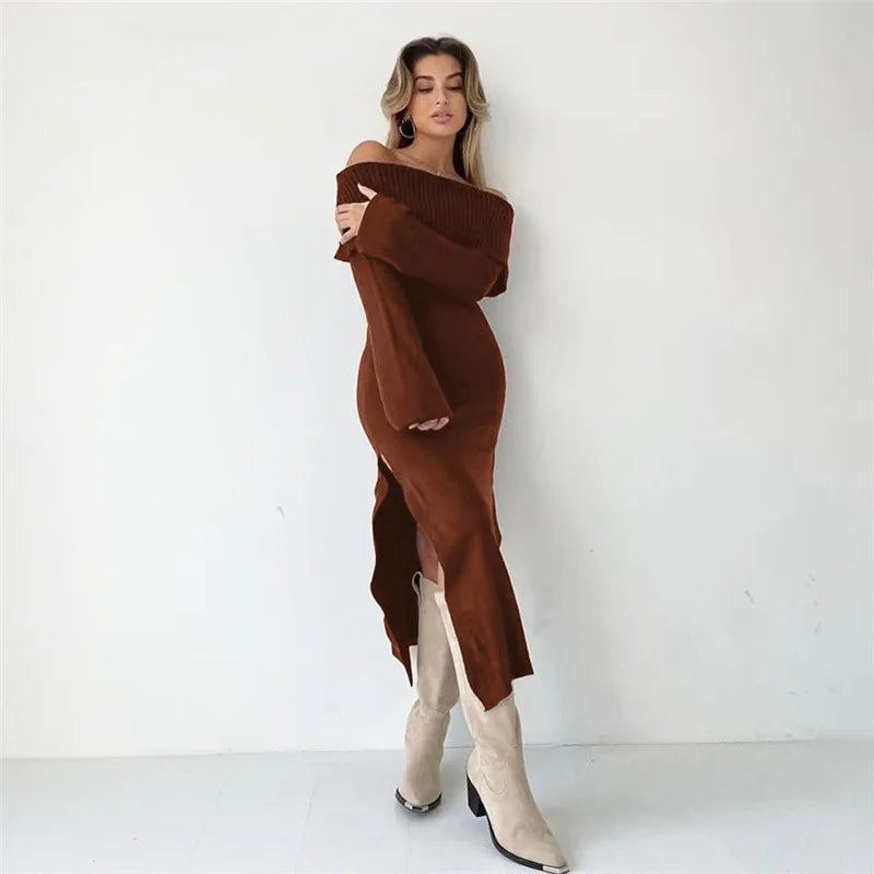 DressBetty - 2024 Off-Shoulder Lapel Neck  Long Sleeve Maxi Dress