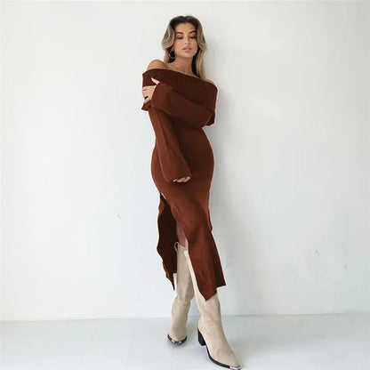 DressBetty - 2024 Off-Shoulder Lapel Neck  Long Sleeve Maxi Dress