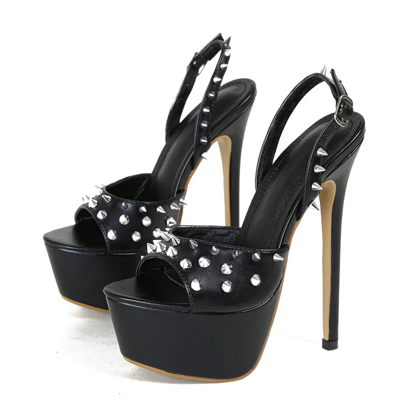 Fashion Design Metal Rivet Back Buckle Strap  Peep Toe High Heel