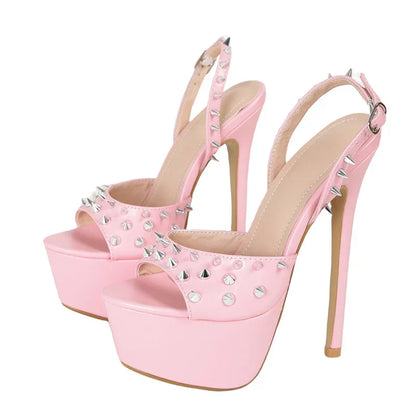 Fashion Design Metal Rivet Back Buckle Strap  Peep Toe High Heel