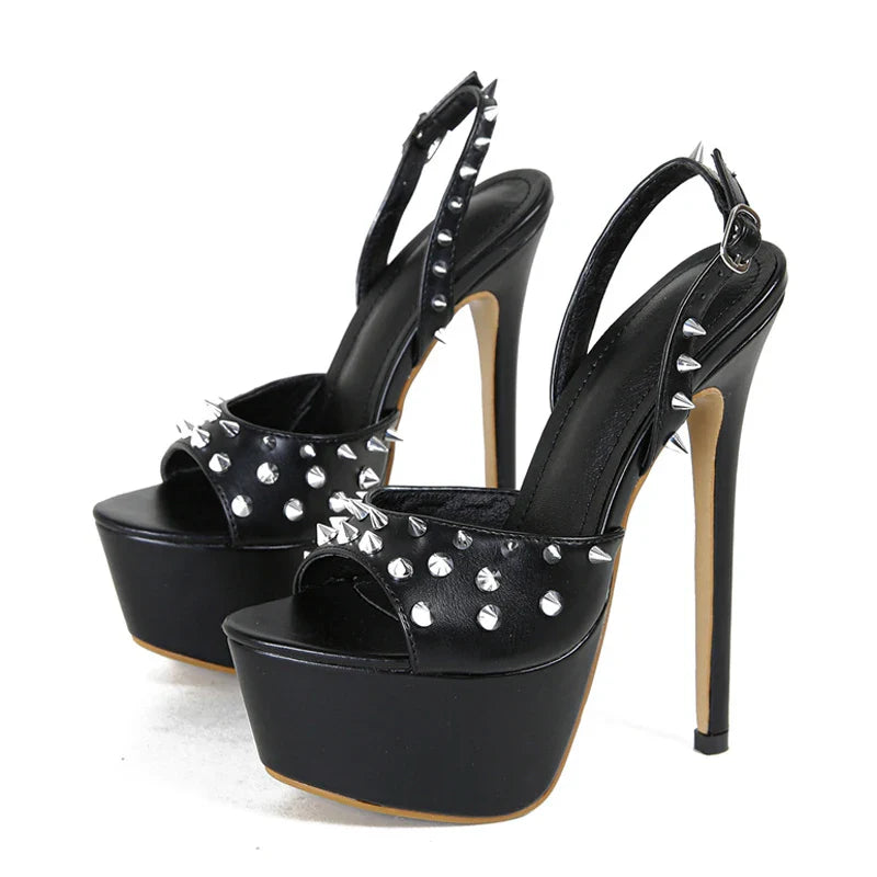 Fashion Design Metal Rivet Back Buckle Strap  Peep Toe High Heel