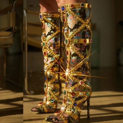Runway Fashion Color Gem Knee High Handwork  Pointed Toe High Heel