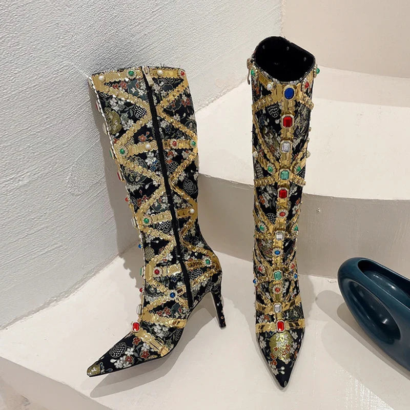 Runway Fashion Color Gem Knee High Handwork  Pointed Toe High Heel
