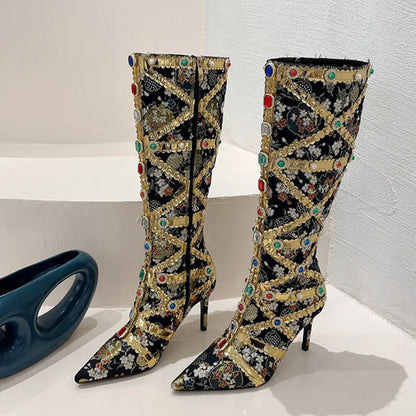 Runway Fashion Color Gem Knee High Handwork  Pointed Toe High Heel
