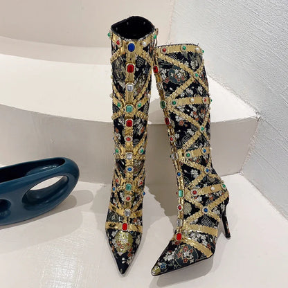 Runway Fashion Color Gem Knee High Handwork  Pointed Toe High Heel