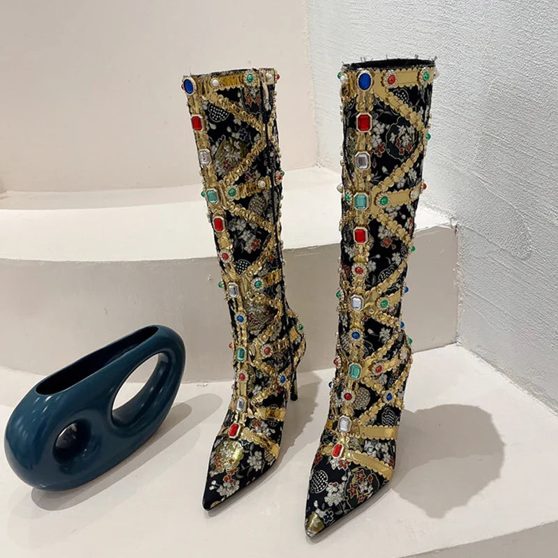 Runway Fashion Color Gem Knee High Handwork  Pointed Toe High Heel