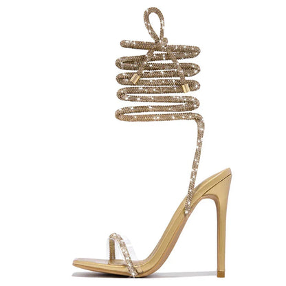 Gold Crystal Ankle Cross Strap Summer Party High Heel