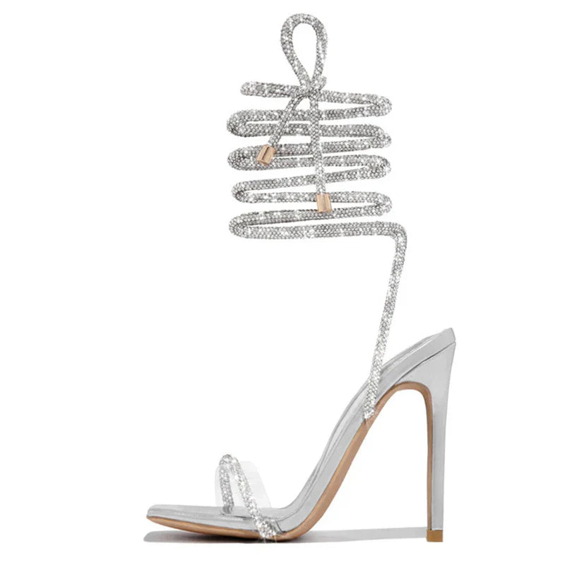 Gold Crystal Ankle Cross Strap Summer Party High Heel