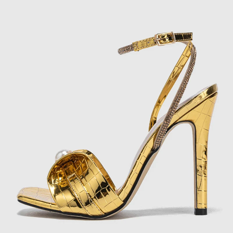 Bold   Gold Snake Print Leather Square Toe High Heel