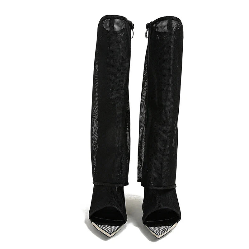Metal Pointed Toe Black Mesh Knee High High Heel