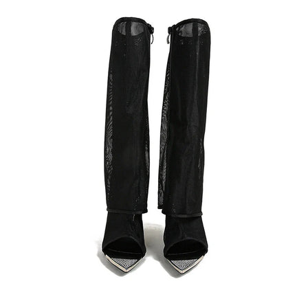 Metal Pointed Toe Black Mesh Knee High High Heel
