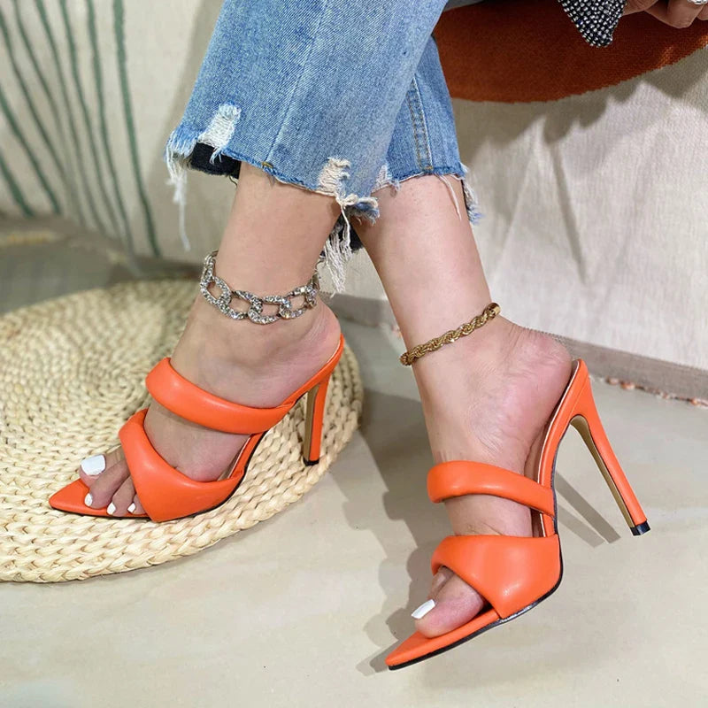 Sexy Pointed Toe Gold High Heels Women Slippers PU Leather Summer Party Banquet Shoes Sandalias De Mujer