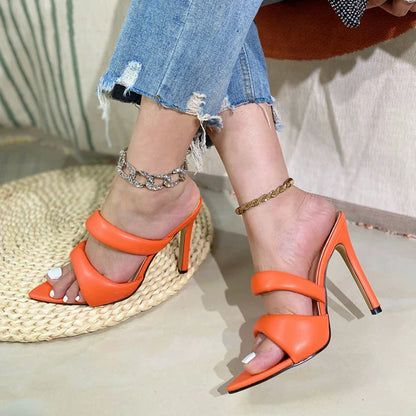 Sexy Pointed Toe Gold High Heels Women Slippers PU Leather Summer Party Banquet Shoes Sandalias De Mujer