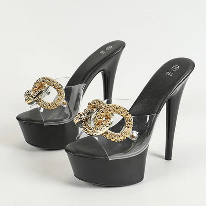 Size 34-43  Pink High Heel Big Metal Chain Transparent High Heel