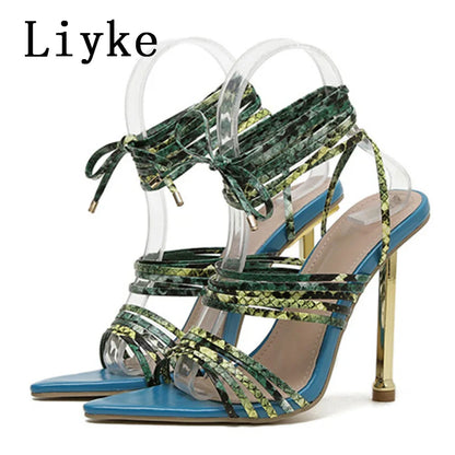 Red Blue Thin High Heels Sandals Size 35-42 Pointed Toe Snake Print Lace Up Shoes Female Pumps Summer Fashion