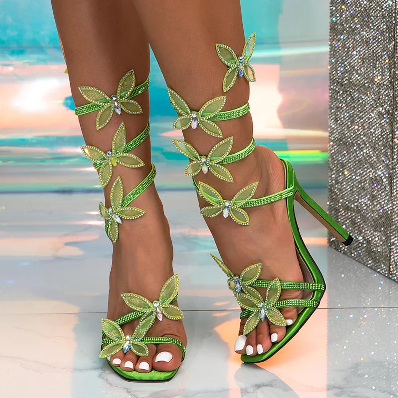 Summer Fashion Crystal Butterfly Ankle Strap Sandals - Green High Heels - Size 42