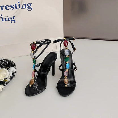 Luxury Colorful Pearl Decoration Peep Toe Buckle Strap 11Cm Thin High Heel High Heel