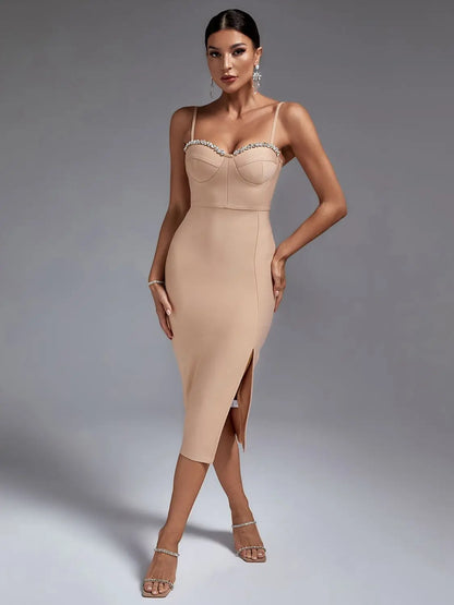DressBetty - 2024 Crystal Party Elegant  Nude Embellished Midi Bodycon Dress