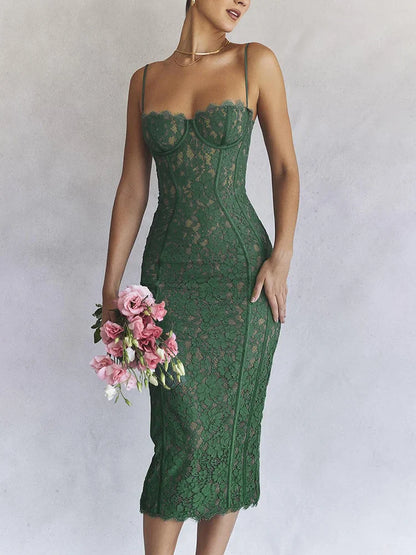 DressBetty - 2024 Spaghetti Strap Lace  Green Floral Dress
