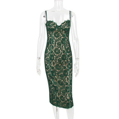 DressBetty - 2024 Spaghetti Strap Lace  Green Floral Dress