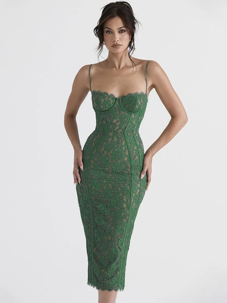 DressBetty - 2024 Spaghetti Strap Lace  Green Floral Dress