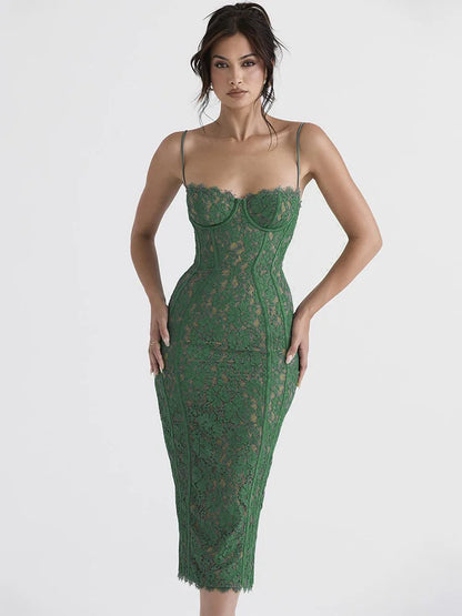 DressBetty - 2024 Spaghetti Strap Lace  Green Floral Dress